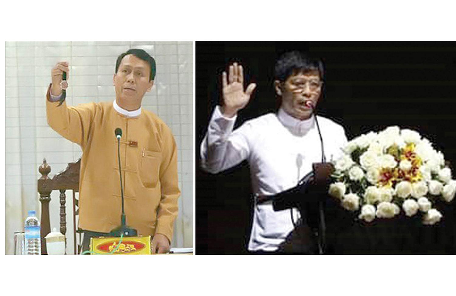 ■ ၂၀၁၆ ခုနှစ်က နာရီကိစ္စနှင့်ပတ်သက်၍ သီးခြားစီပြုလုပ်သည့် သတင်းစာရှင်းလင်းပွဲတွင် ဦးဖြိုးမင်းသိန်းနှင့် ဦးမောင်ဝိတ်တို့အား တွေ့ရစဉ်