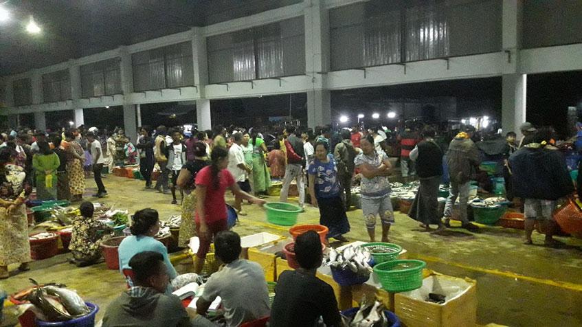 မြိတ်မြို့ရှိ အပြည်ပြည်ဆိုင်ရာငါးစျေးတွင် ရေထွက်ကုန်များရောင်းချနေသည်ကို COVID ကာလမတိုင်မီက တွေ့ရစဉ်