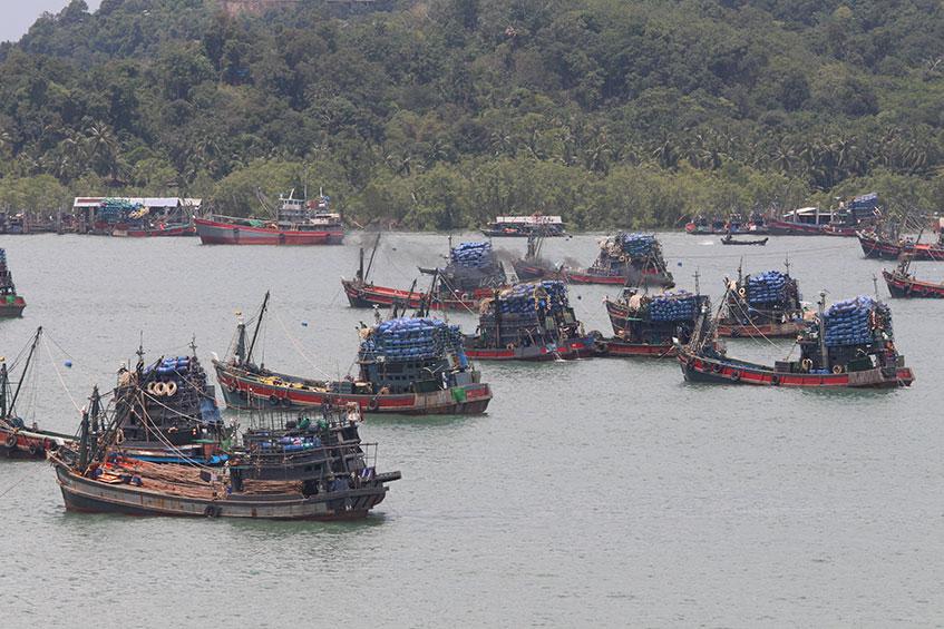  မြိတ်ဆိပ်ကမ်းတွင် ရပ်နားထားသည့် ငါးဖမ်းလှေများကို COVID ကာလမတိုင်မီက တွေ့ရစဉ်