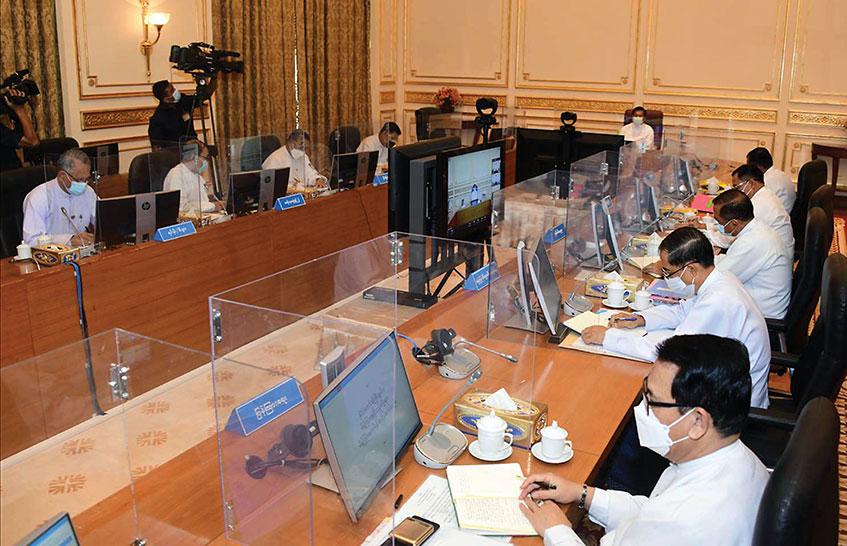 နေပြည်တော်တွင် စက်တင်ဘာ ၇ ရက်က ပြည်ထောင်စုသမ္မတမြန်မာနိုင်ငံတော် အိမ်စောင့်အစိုးရအဖွဲ့ အစည်းအဝေးအမှတ်စဉ် (၂/၂၀၂၁) ကျင်းပစဉ်