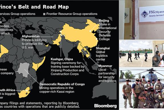 ကမ္ဘာအနှံ့တွင် ဖွင့်လှစ်ထားသော Erik Prince ဦးဆောင်လုပ်ကိုင်နေသည့် FSG ကုမ္ပဏီ၏ တည်နေရာများကို တွေ့ရစဉ် (Photo – Bloomberg) ပုံကြီး၊ ရာဇာဓိရာဇ်အိမ်ရာတွင် ဖွင့်လှစ်ထားသည့် FSG ရုံးခန်း (ပုံသေး အပေါ်)၊ FSG ဝန်ထမ်းအချို့ကို FSG ကုမ္ပဏီမှ တာဝန်ရှိသူများက လုံခြုံရေးနှင့် ပတ်သက်ပြီး ရန်ကုန်မြို့တွင် သင်တန်းပေးနေစဉ် (Photo : fsgroup.com) (ပုံသေး အလယ်)၊ တာဝန်ထမ်းဆောင်နေသည့် Black Water ဝန်ထမ်းများကို တွေ့ရစဉ် (ပုံသေးအောက်)