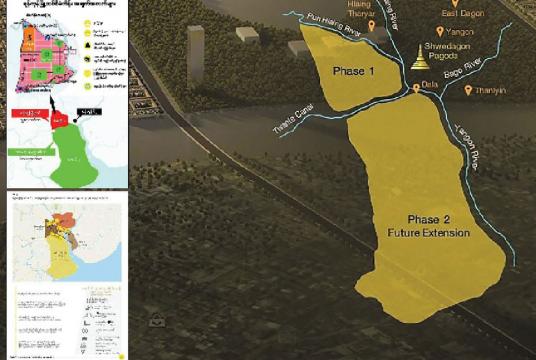   ရန်ကုန်မြို့သစ်စီမံကိန်း အကောင်အထည်ဖော်မည့်နေရာများကို Google Map မှ တွေ့ရစဉ်နှင့် ရန်ကုန်မြို့သစ်စီမံကိန်း အချက်အလက်များကို တွေ့ရစဉ် (Photo : new yangon Facebook Page)