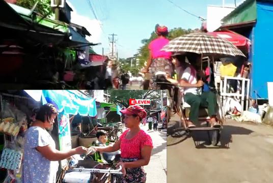 ဘဝအရေးအတွက် ဆိုက်ကားနင်းဖြေရှင်းနေသူ အနှေးယာဉ်မယ် ဒေါ်ခင်မြင့်အား တွေ့ရစဉ်