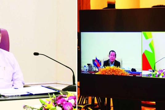 နိုင်ငံတော်စီမံအုပ်ချုပ်ရေးကောင်စီ ဥက္ကဋ္ဌနှင့် ကမ္ဘောဒီးယားဝန်ကြီးချုပ် Video Conferencing ဖြင့် မေ ၂ ရက်က တွေ့ဆုံဆွေးနွေးစဉ်