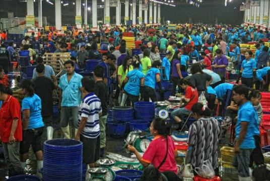  မဲ့ကလောင်ငါးလေလံစျေးကြီးတွင် တွေ့ရသည့် မြန်မာလုပ်သားများ