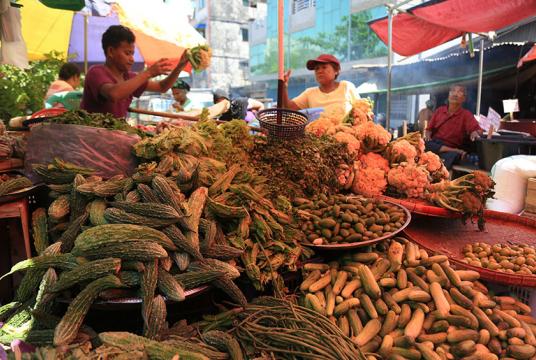 ကုန်စိမ်းရောင်းချသူထံမှ ဟင်းသီးဟင်းရွက်ဝယ်ယူနေသော စျေးဝယ်သူတစ်ဦးကို တွေ့ရစဉ် (ဓာတ်ပုံ-ကြည်နိုင်)