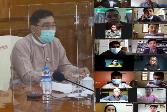 ပြည်ထောင်စုဝန်ကြီး ဒေါက်တာဝင်းမြတ်အေး လူငယ်ရေးရာကော်မတီဝင်လူငယ်များအား Video Conferencing စနစ်ဖြင့် ဆွေးနွေးစဉ်