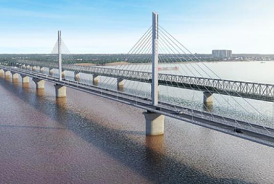 ဂျပန်နိုင်ငံ၏ အကူအညီဖြင့် တည်ဆောက်မည့် ပဲခူးမြစ်ကူးတံတားကို ပန်းချီဆရာက သရုပ်ဖော်ထားပုံ (Photo-Antara Koh)