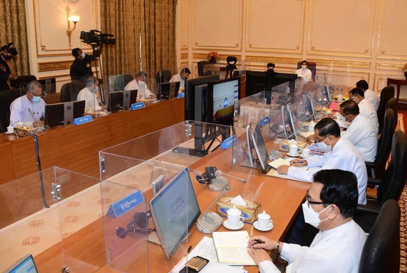 နေပြည်တော်တွင် စက်တင်ဘာ ၇ ရက်က ပြည်ထောင်စုသမ္မတမြန်မာနိုင်ငံတော် အိမ်စောင့်အစိုးရအဖွဲ့ အစည်းအဝေးအမှတ်စဉ် (၂/၂၀၂၁) ကျင်းပစဉ်
