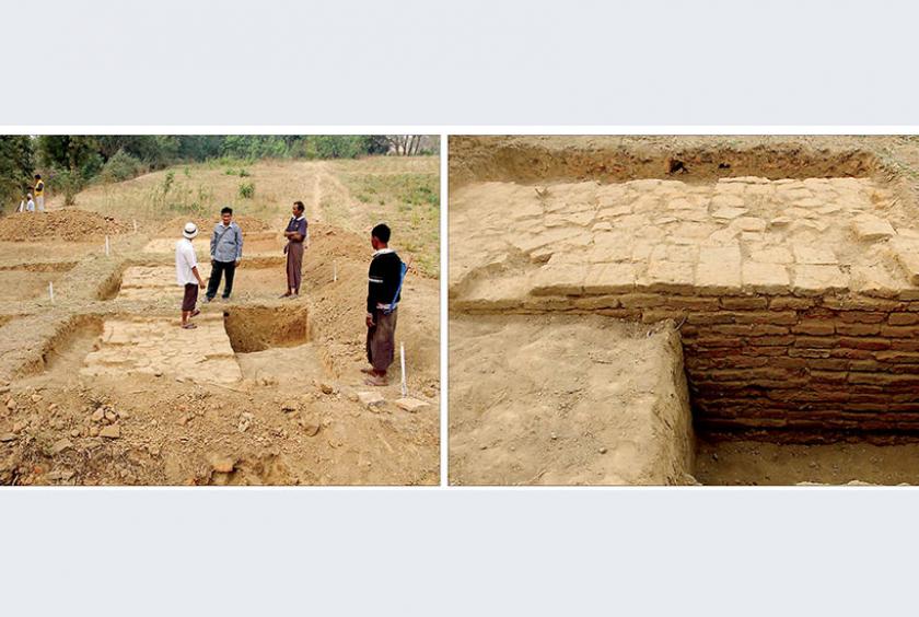 တပ်ကုန်းမြို့နယ် ညောင်ကိုင်းကျေးရွာအနီးတွင် မြို့ရိုးဟောင်းဟုယူဆရသည့် အုတ်ရိုးတန်းကို တူးဖော်တွေ့ရှိထားသည်ကို တွေ့ရစဉ် (ဓာတ်ပုံ-သာသနာရေးနှင့် ယဉ်ကျေးမှုဝန်ကြီးဌာန)