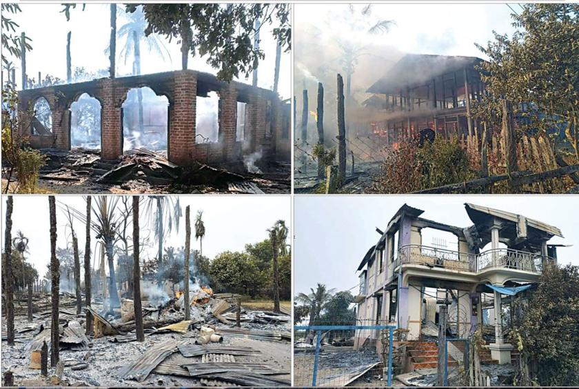 ကသာ ခရိုင်အတွင်း မီးလောင်ဆုံးရှုံးခဲ့သည့် လေသာကျေးရွာနှင့် စက်တော်ကုန်းကျေးရွာတို့မှ နေအိမ်များကို တွေ့ရစဉ် (ဓာတ်ပုံ- CJ )