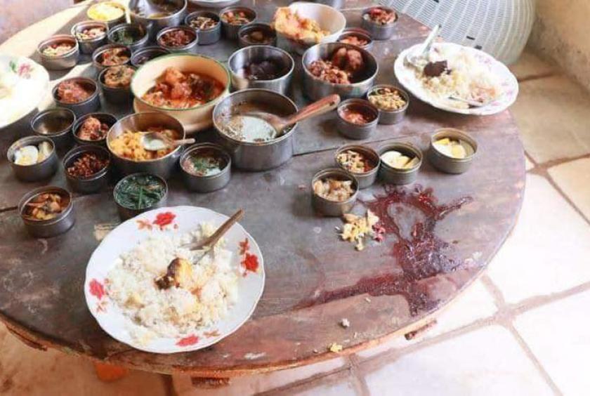သေနတ်ဖြင့် အပစ်ခံရပြီးနောက် ဆွမ်းစားစားပွဲတွင် သွေးကွက်များကို တွေ့ရစဉ်