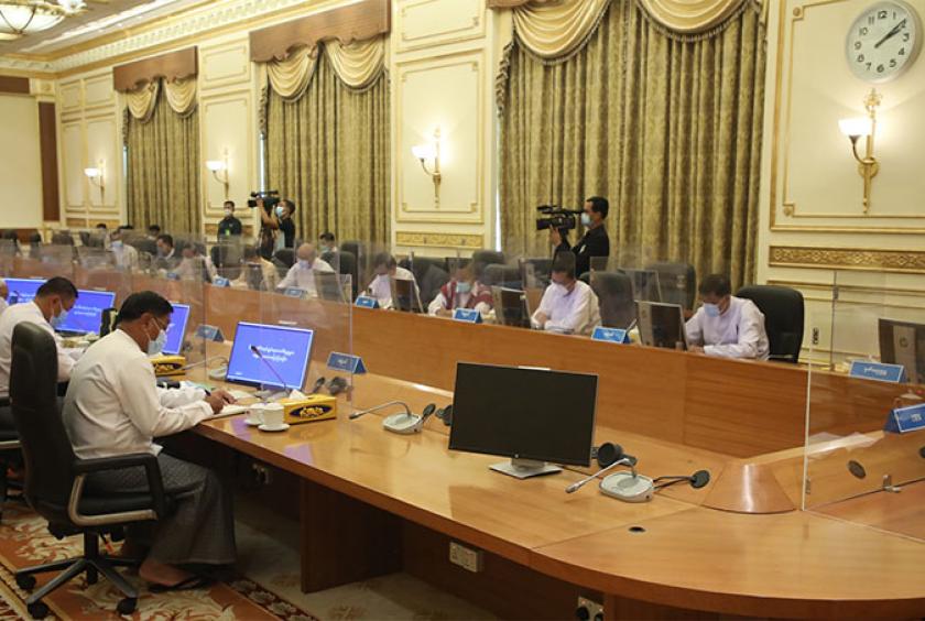 သြဂုတ် ၂၃ ရက်က နိုင်ငံတော်စီမံအုပ်ချုပ်ရေးကောင်စီ အစည်းအဝေး (၁၄/၂၀၂၁) ကျင်းပစဉ်