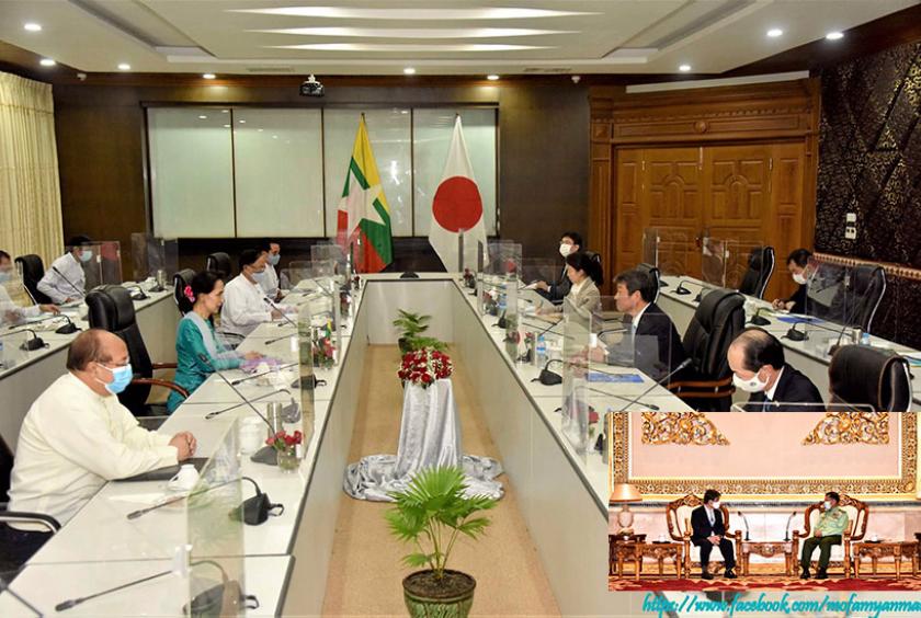 သြဂုတ် ၂၄ ရက် မွန်းလွဲပိုင်းက နိုင်ငံတော်၏အတိုင်ပင်ခံပုဂ္ဂိုလ် ဒေါ်အောင်ဆန်းစုကြည်နှင့် ဂျပန်နိုင်ငံခြားရေးဝန်ကြီးအဖွဲ့ တွေ့ဆုံစဉ် (ပုံကြီး)၊ သြဂုတ် ၂၄ ရက် ညနေပိုင်းက တပ်မတော်ကာကွယ်ရေးဦးစီးချုပ်နှင့် ဂျပန်နိုင်ငံခြားရေးဝန်ကြီး တွေ့ဆုံစဉ် (ပုံသေး)