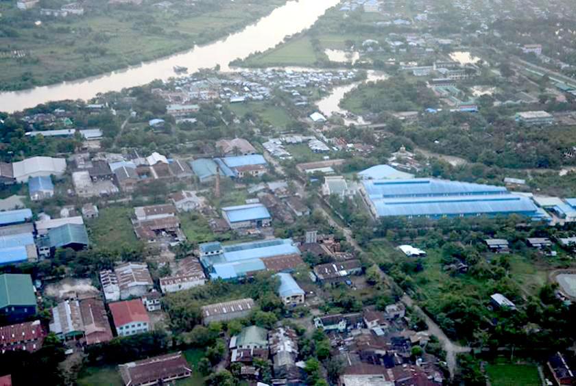 ရန်ကုန်မြို့ရှိ ကုန်ထုတ်လုပ်ငန်းများ ဆောင်ရွက်ရာ စက်မှုဇုန်တစ်ခုကို တွေ့ရစဉ်။