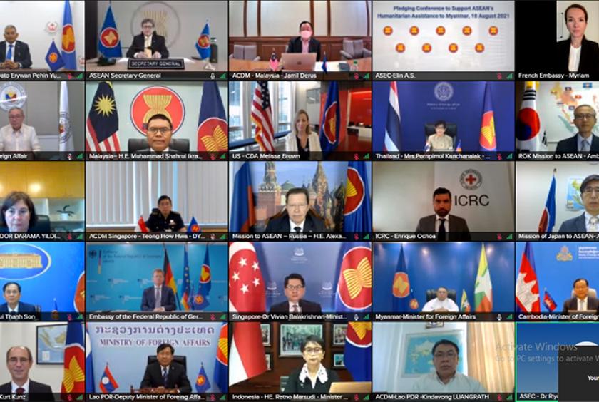 သြဂုတ် ၈ ရက်က အာဆီယံမှ မြန်မာနိုင်ငံသို့ လူသားချင်း စာနာထောက်ထားမှု အကူအညီပေးမည့်ကိစ္စနှင့် ပတ်သက်၍ Pledging Conference ပြုလုပ်စဉ်