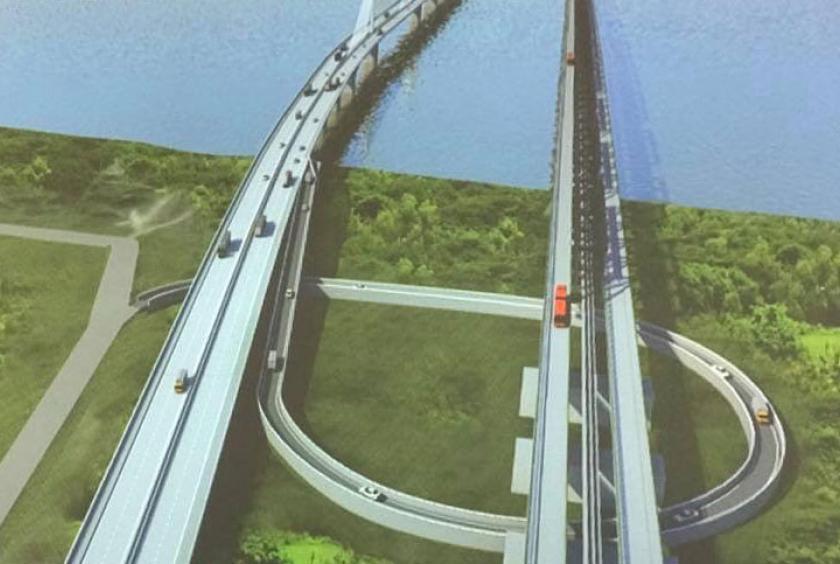 ပဲခူးမြစ်ကူးတံတား (သန်လျင်တံတား အမှတ် ၃ ) တည်ဆောက်မည့် ပုံစံငယ်အားတွေ့ရစဉ်