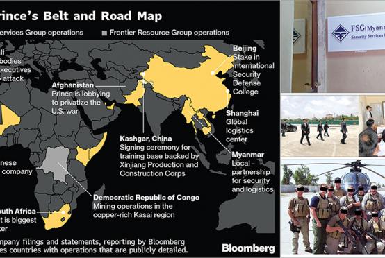 ကမ္ဘာအနှံ့တွင် ဖွင့်လှစ်ထားသော Erik Prince ဦးဆောင်လုပ်ကိုင်နေသည့် FSG ကုမ္ပဏီ၏ တည်နေရာများကို တွေ့ရစဉ် (Photo – Bloomberg) ပုံကြီး၊ ရာဇာဓိရာဇ်အိမ်ရာတွင် ဖွင့်လှစ်ထားသည့် FSG ရုံးခန်း (ပုံသေး အပေါ်)၊ FSG ဝန်ထမ်းအချို့ကို FSG ကုမ္ပဏီမှ တာဝန်ရှိသူများက လုံခြုံရေးနှင့် ပတ်သက်ပြီး ရန်ကုန်မြို့တွင် သင်တန်းပေးနေစဉ် (Photo : fsgroup.com) (ပုံသေး အလယ်)၊ တာဝန်ထမ်းဆောင်နေသည့် Black Water ဝန်ထမ်းများကို တွေ့ရစဉ် (ပုံသေးအောက်)